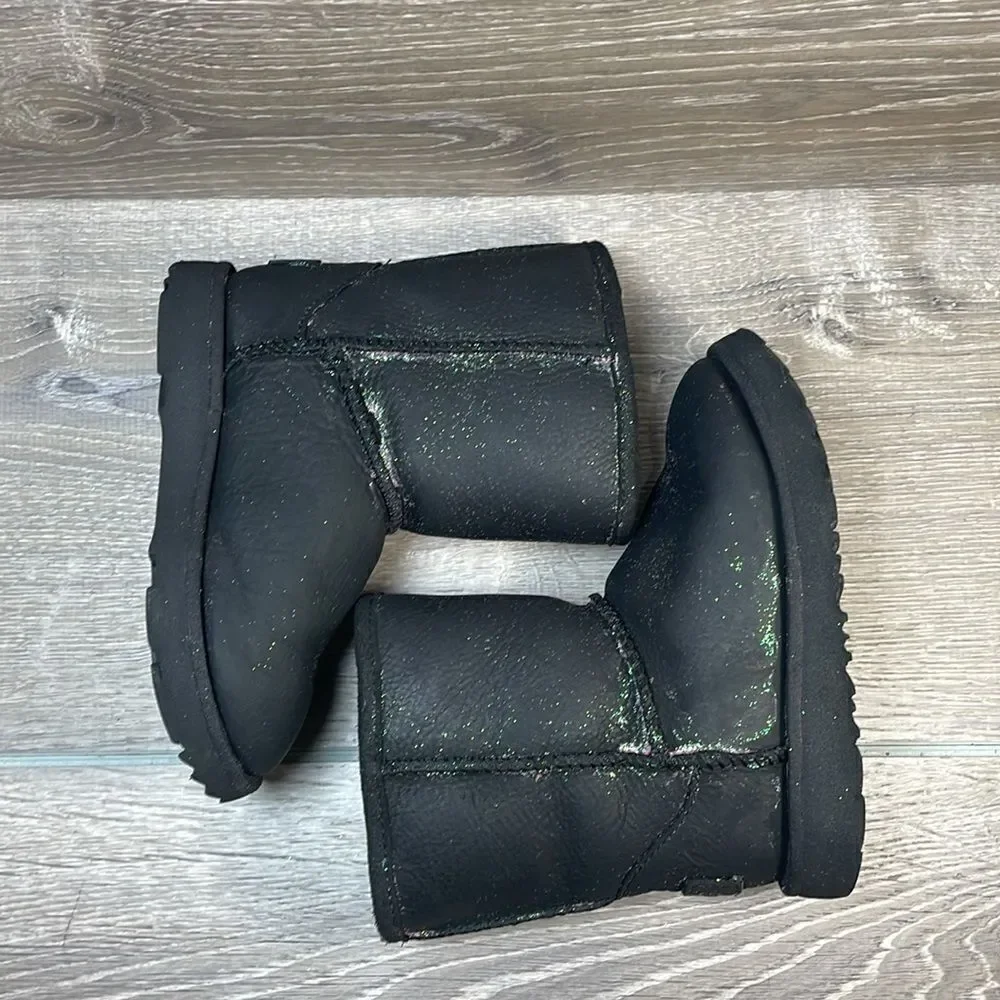 Ugg Kids Classic II Black Leather Sparkly Glitter Toddler Girl Sz 10 Winter Boot